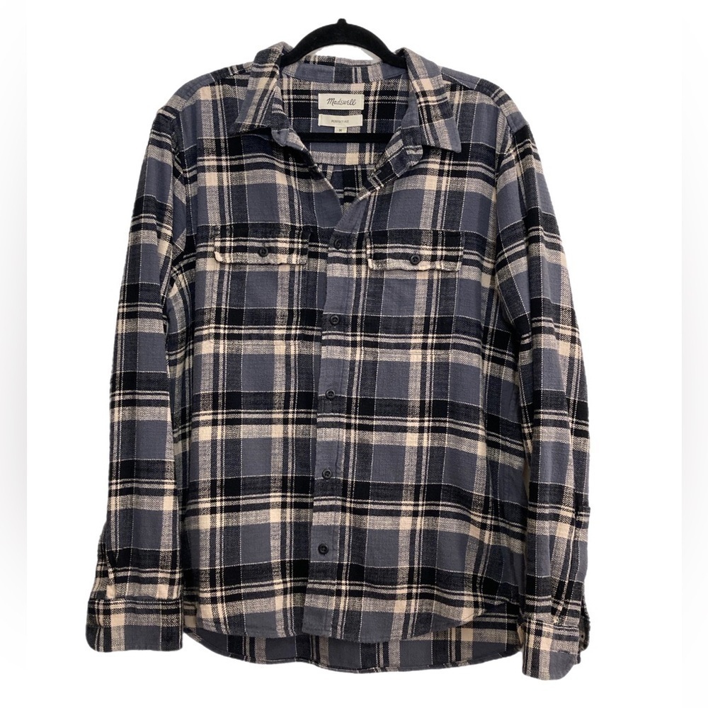 Madewell perfect fit blue/ white plaid button up flannel shirt jacket shacket